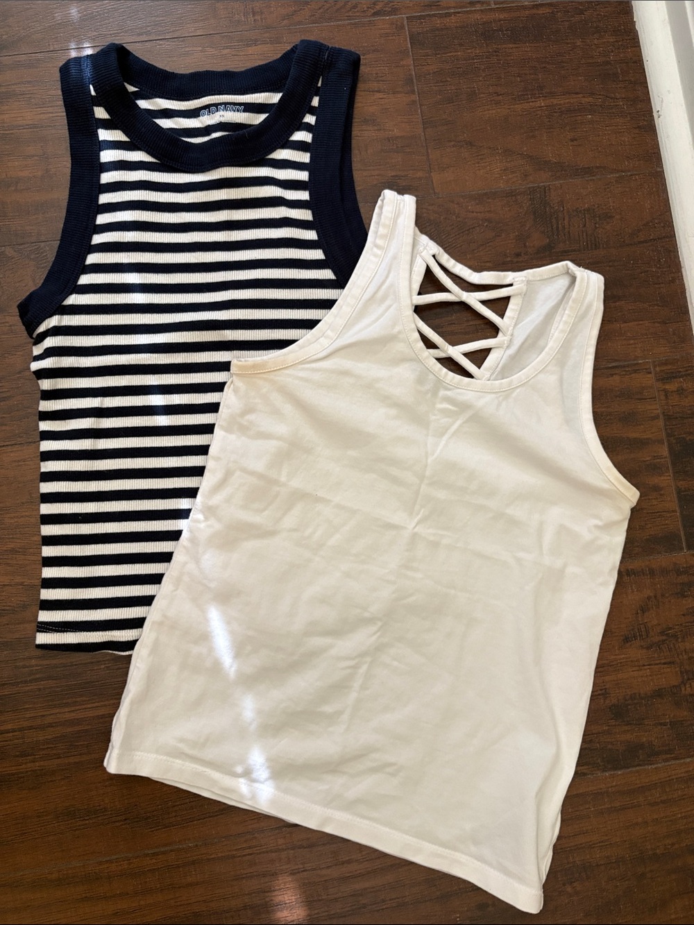 Old Navy Navy & White Striped Tank + White Crisscross Back Tank